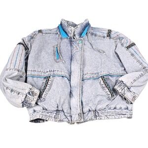 Vintage Acid Wash‎ Denim Jacket Womens Blue Embroidered 80s Retro Heavy Coat